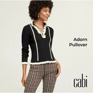 Cabi NWOT Women's Ruffle Ribbed Adorn Pullover Sweater Black Ivory Size S